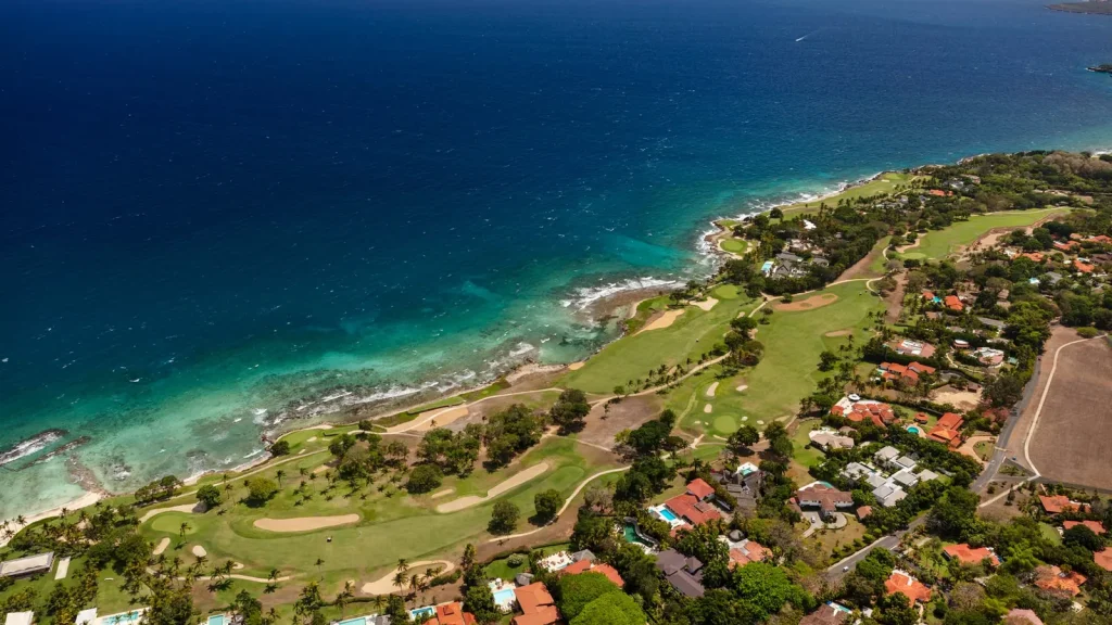 Aerial view of the Casa de Campo coastline, villas and fairways along the water